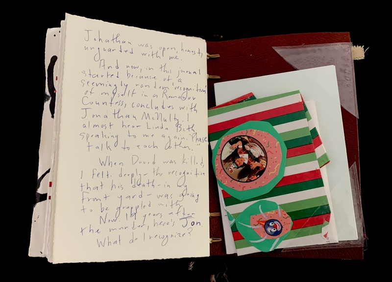 Open journal with handwritten text and colorful striped paper featuring circular photos.