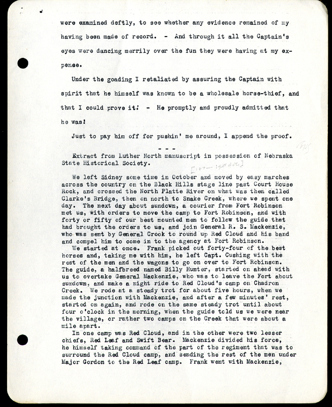 Frank H. Shoemaker typescript, 4 pages, on trip as photographer with  Addison E. Sheldon, along with notes from Captain Luthor North's travel diary.