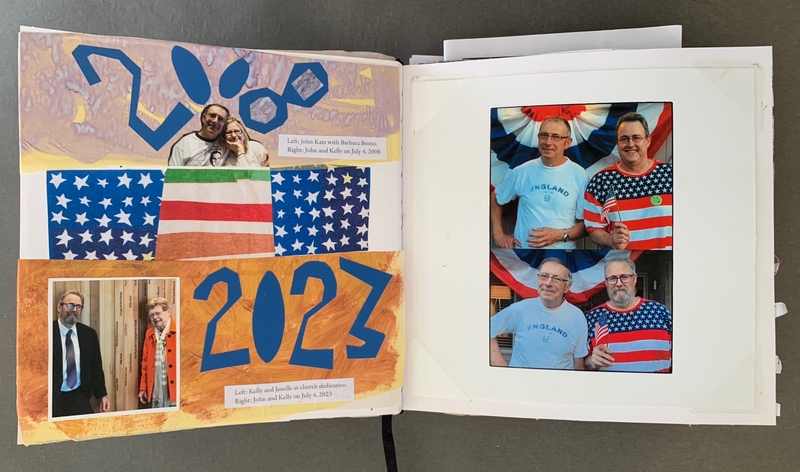 A scrapbook page featuring a collage of photos and doodles, including a prominent "2023" and American flags.