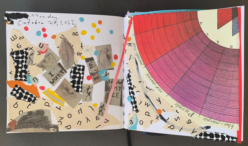A mixed-media journal page featuring a collage of cut-out letters, a color wheel, and various abstract doodles.
