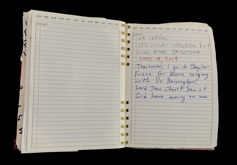 A handwritten note in a planner dated September 9, 2019, with a prayer and a mention of a knee surgery appointment.
