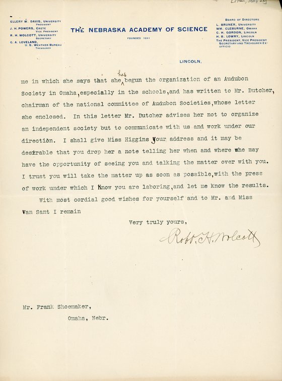 Typewritten letter, 3 pages, from Robert H. Wolcott to Frank H. Shoemaker, "I give herewith a constitution for the suggested Audubon Auxiliary which I trust you will look over carefully and revise as seems to you wise."