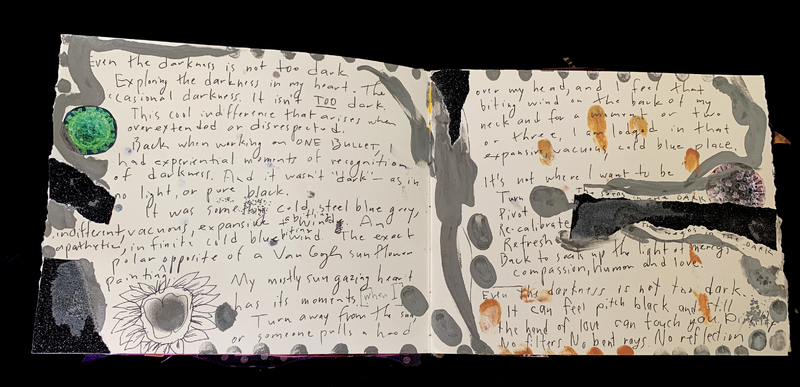 A mixed-media page featuring handwritten text, abstract art, and doodles, exploring themes of darkness and emotional introspection.