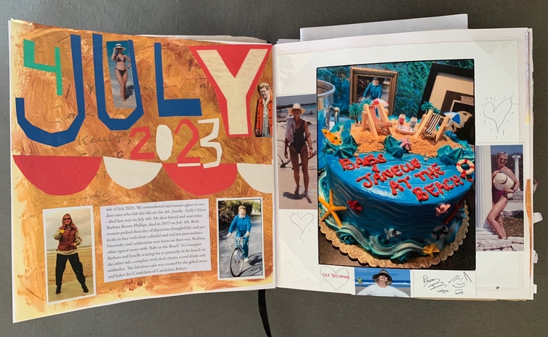 A vibrant 4th of July 2023 journal page featuring a cake, photos, and doodles.