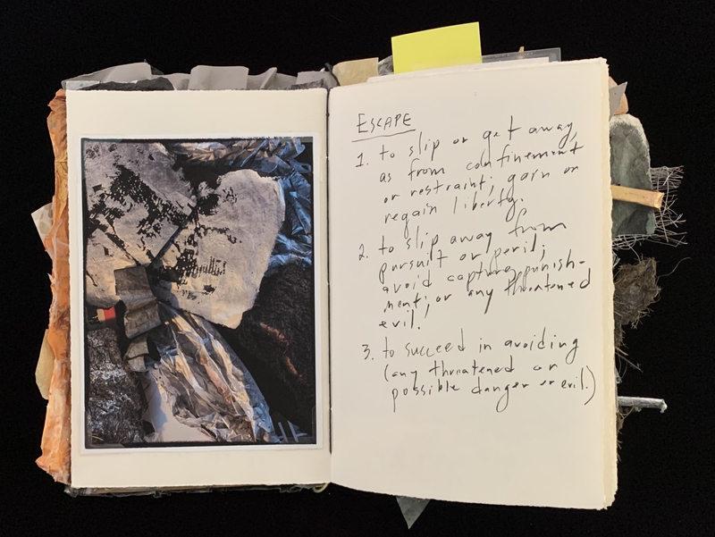 A page from a scrapbook or journal featuring a photograph and handwritten definitions of the word "escape."