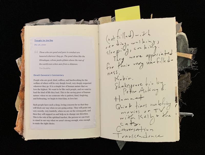 A handwritten journal entry with a printed quote from The Buddha and commentary by Eknath Easwaran, alongside personal reflections and notes.