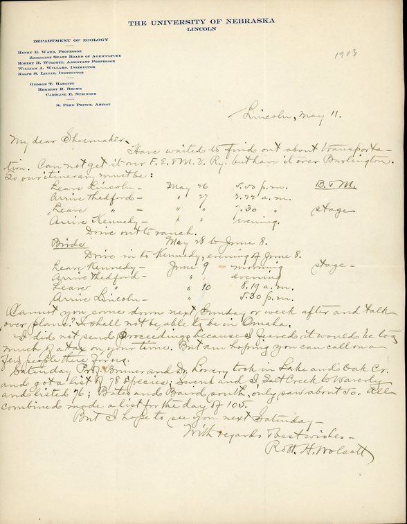 Handwritten letter, 1 page, from Robert H. Wolcott to Frank H. Shoemaker, "Have waited to find out about transportation. Can not get it over F.E.8M.V.Ry. but have it over Burlington."