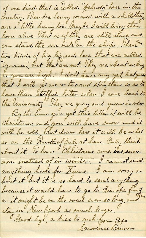Handwritten 4 page letter from Lawrence Bruner to Helen Bruner, "I forgot to say in my letter to Mamma that I am so glad to hear that all of you have been so well."