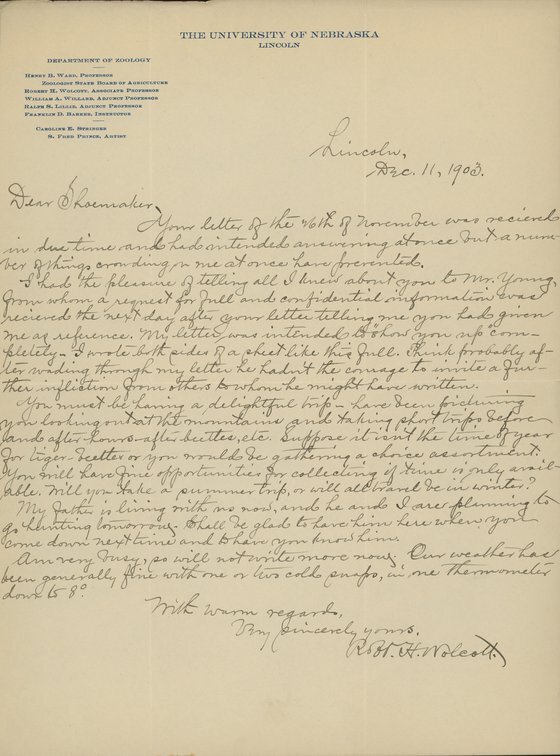 Handwritten letter, 1 page, from Robert H. Wolcott to Frank H. Shoemaker, "Your letter of the 26th of November was recieved in due time and had intended answering at once but a number of things crowding on me at once have prevented."