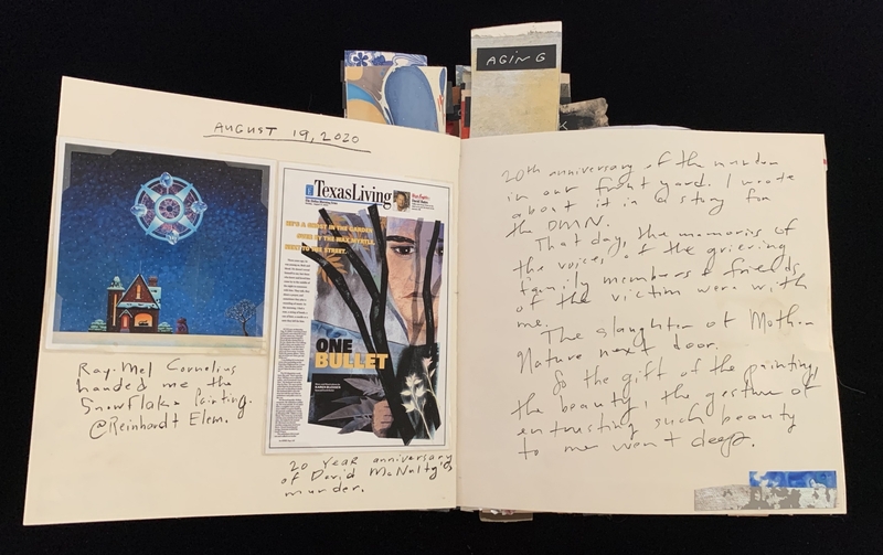 A journal spread with images and handwritten notes reflecting on a murder anniversary and a snowflake painting.