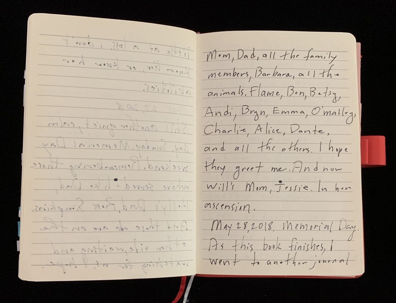 Open notebook with handwriting on both pages, the right page containing a list and some text.