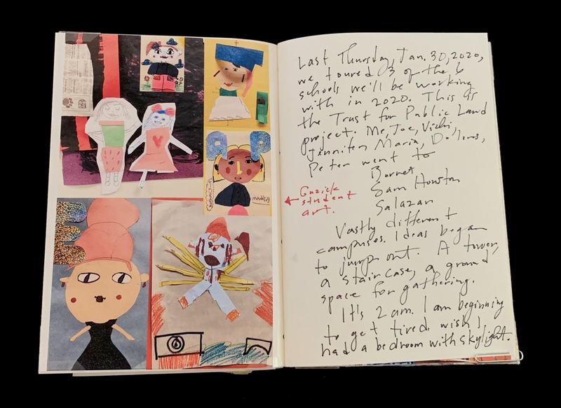 An open notebook displaying student art collages on the left and handwritten notes on the right.