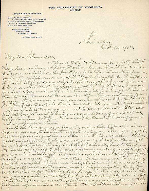 Handwritten letter, 2 pages, from Robert H. Wolcott to Frank H. Shoemaker, "Yours of the 28th came promptly but I have been so busy could ot get a chance to write a word. I began one letter on the first day of October to another person, was interrupted, and in spite of all I could do, I sat down to finish it just seven days later."