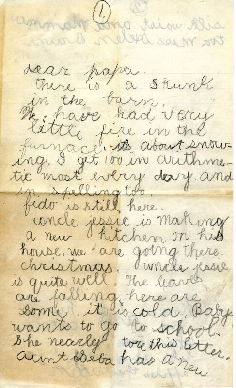 Handwritten 2 page letter from Helen Bruner to Lawrence Bruner, "There is a skunk in the barn…"