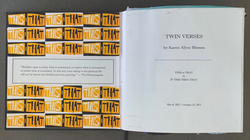 A page from a journal with a grid of "THIS OR THAT" stickers and a quote from the Dhammapada.