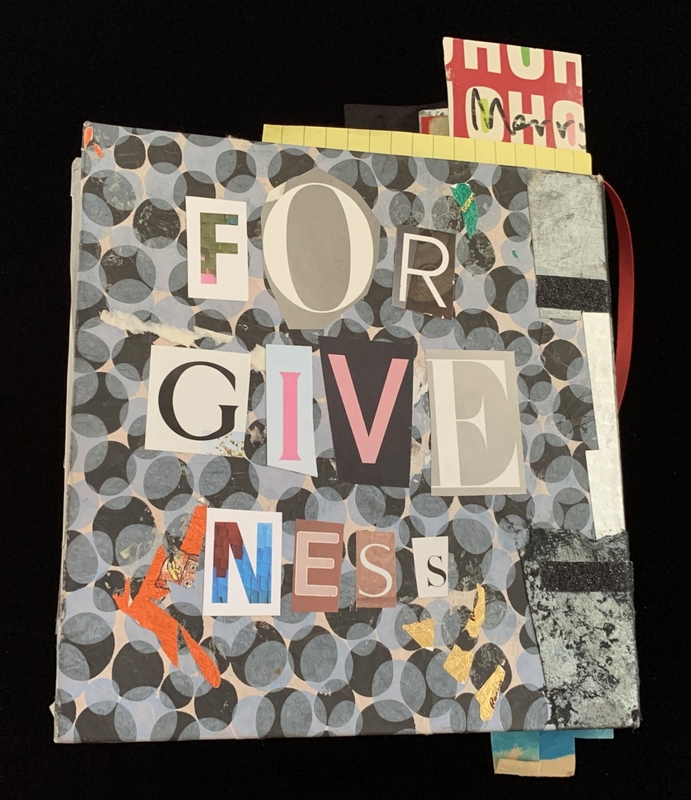 Scrapbook page displaying the word "FORGIVENESS" with mixed-media elements and patterned background.