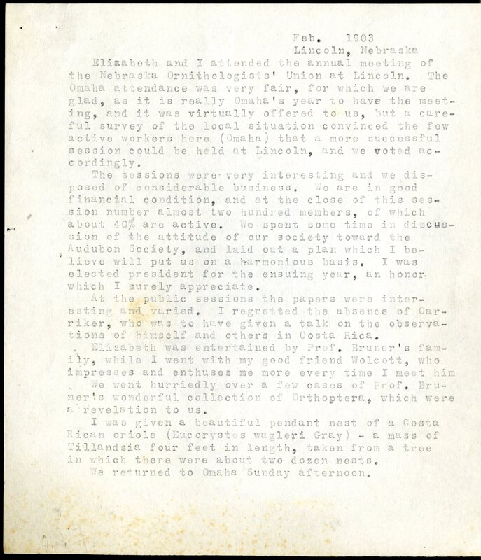 Frank H. Shoemaker typescript, 20 pages, detailing bird sightings, field trips, photography, and associated activities in Omaha, Nebraska.