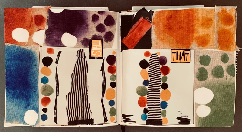 A vibrant, abstract journal page featuring a mix of colors, patterns, and text elements.