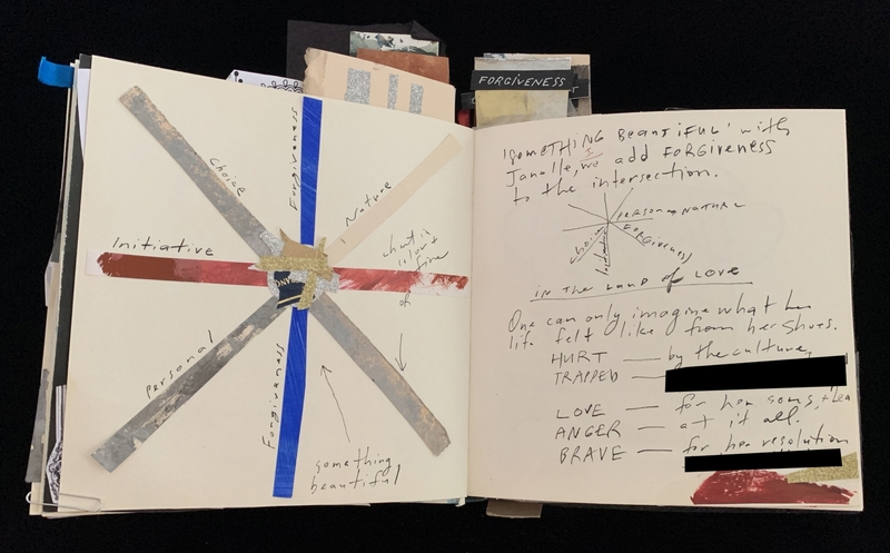 Open journal with intersecting paper strips and handwritten text exploring emotional themes.