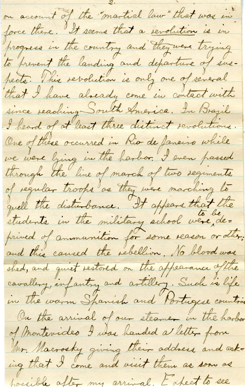Handwritten 5 page letter from Lawrence Bruner to Marcia Bruner, "Well I have finally reached this place –– the field of action for the next 9 or 10 months."