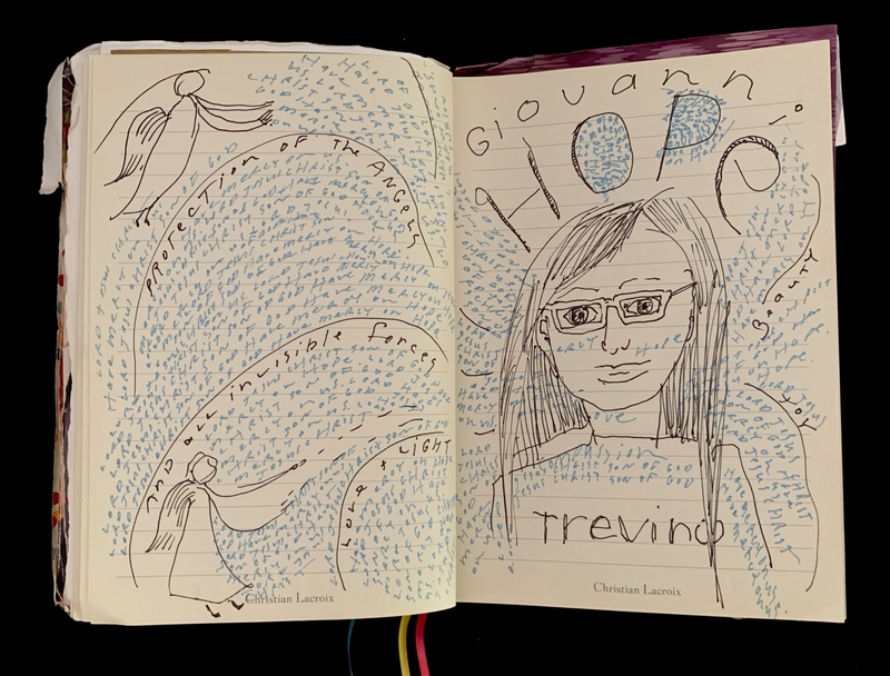 An open journal featuring handwritten text, an angel sketch on the left page, and a portrait sketch on the right page.