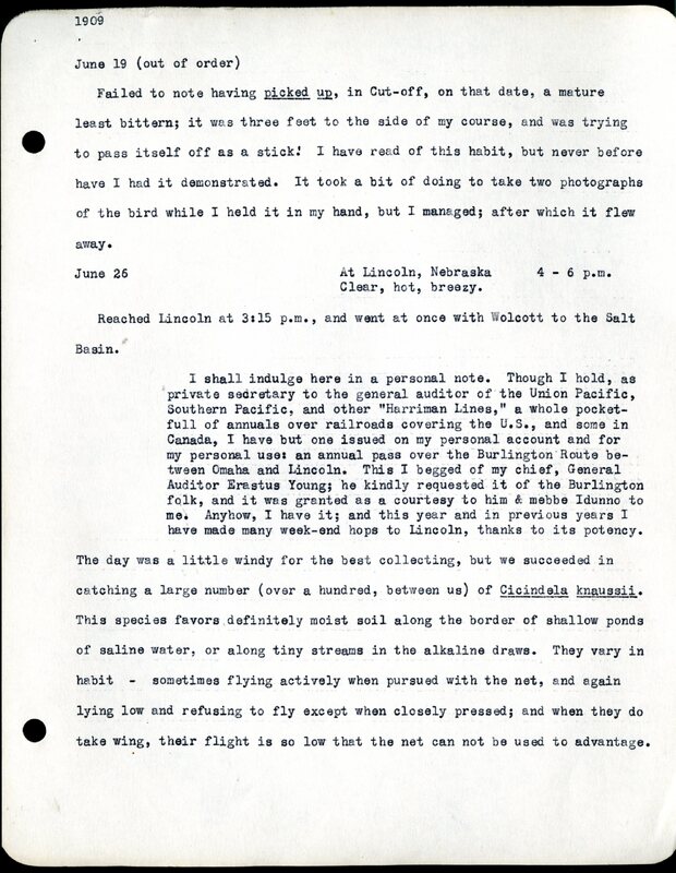 Frank H. Shoemaker typescript, 11 pages, notes and bird lists from field trip at Havelock, Nebraska, and areas surrounding Lincoln, Nebraska
