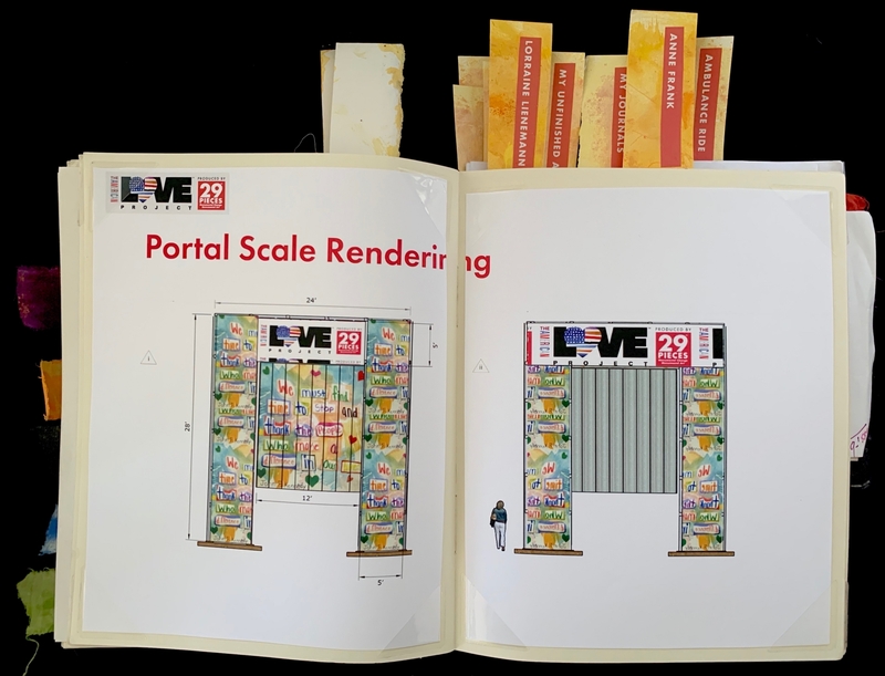 An open journal displaying architectural renderings of colorful portals labeled "Portal Scale Rendering."
