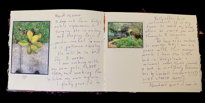 A handwritten journal entry dated March 15, 2020, documenting a recovery period following an ankle replacement surgery, accompanied by two photographs.