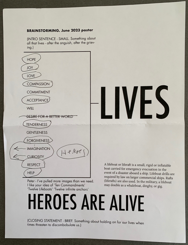 A brainstorming poster from June 2023 discussing themes of hope, joy, and resilience, with a focus on "Heroes Are Alive."