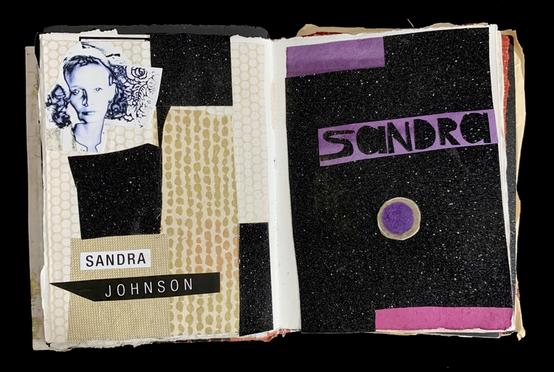 Artistic collage featuring a portrait, textured papers, and text reading "SANDRA JOHNSON."
