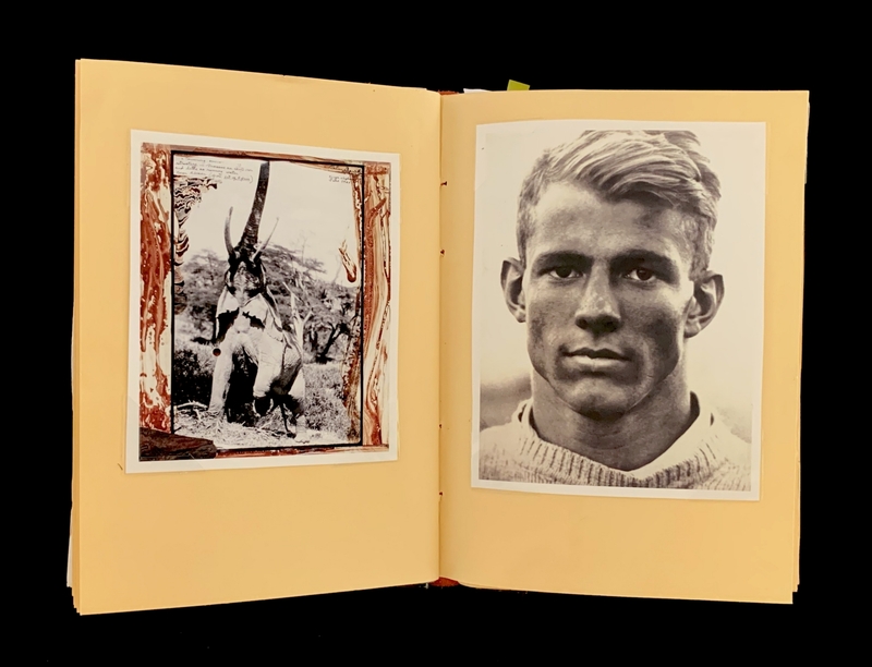A vintage photograph album page featuring a black-and-white portrait of a man and a hunting scene.