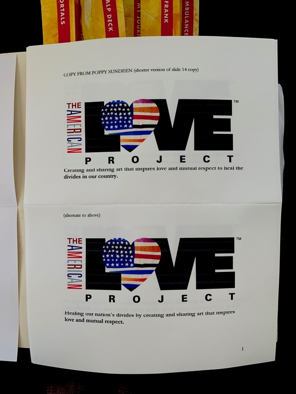 Two pages from a journal showing the logo for "The American Love Project" with a heart-shaped American flag O in "LOVE."
