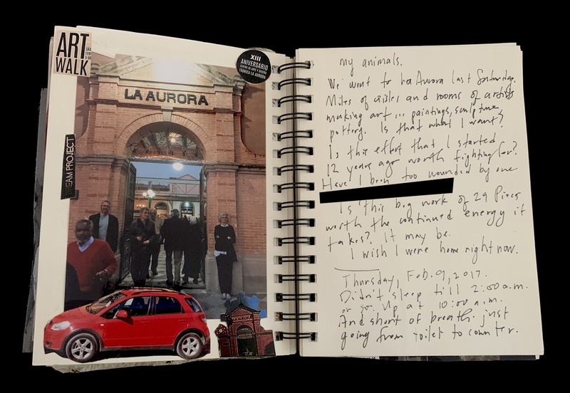 A journal page featuring a photograph of people in front of "La Aurora" and handwritten reflections on art and personal experiences.