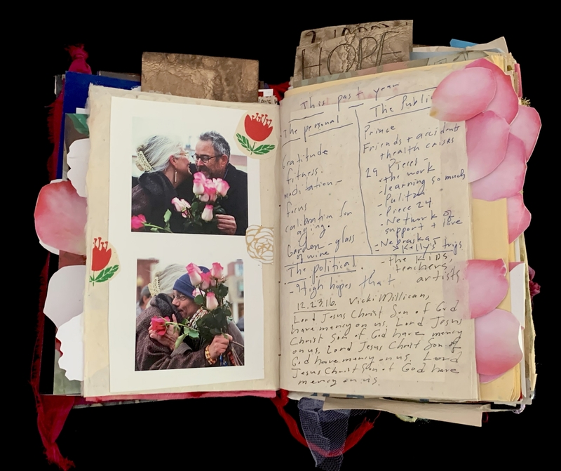 A scrapbook page featuring personal and political reflections, photographs, and handwritten notes.