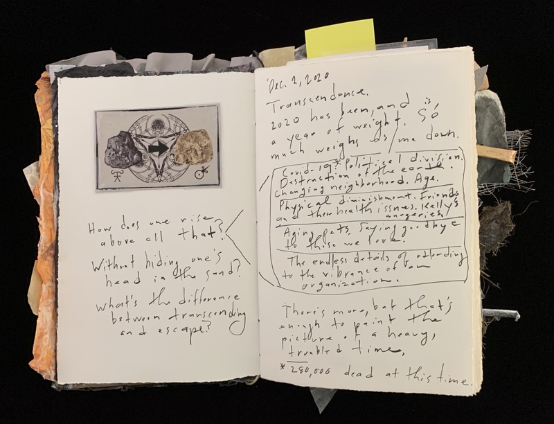 A journal entry dated December 21, 2020, reflecting on the year 2020 and its challenges, accompanied by a small illustration and text questions.