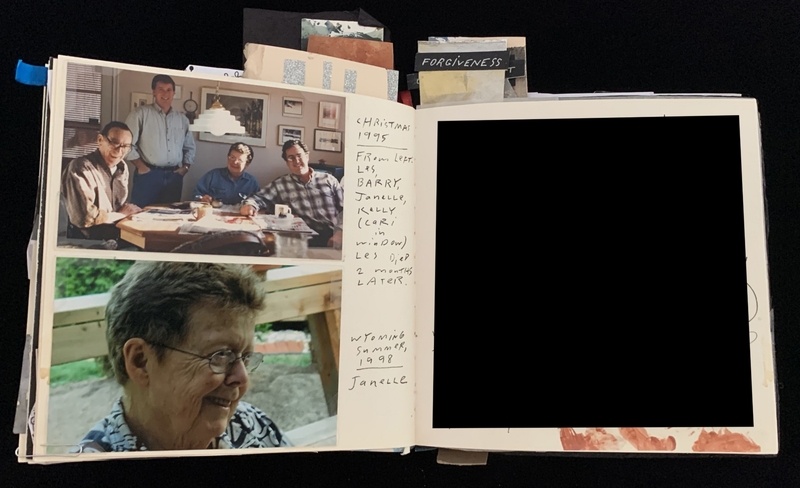 An open scrapbook with photos and handwritten notes.