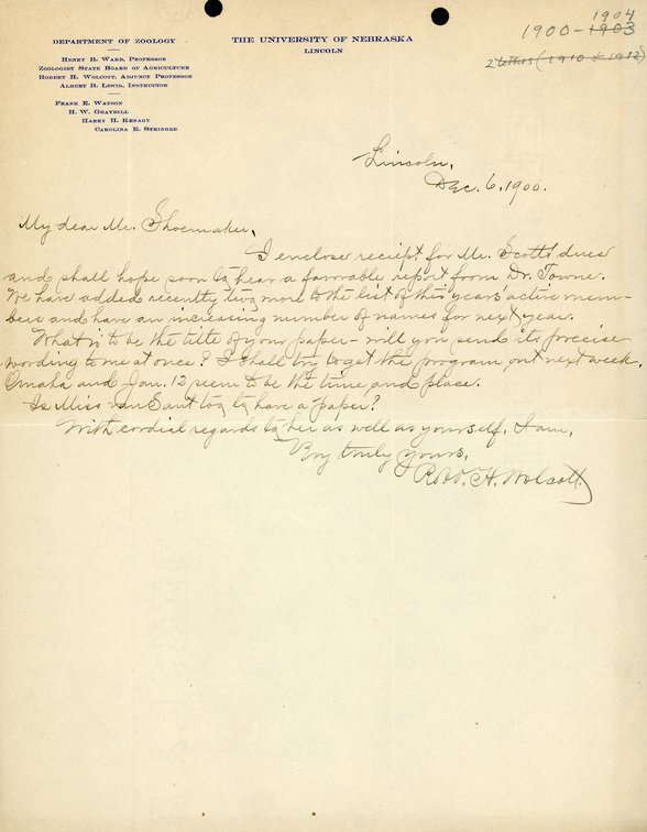 Handwritten letter, 1 page, from Robert H. Wolcott to Frank H. Shoemaker, "I enclose reciept for the Mr. Scott dues and shall hope soon to hear a favorable report from Dr. Towne."