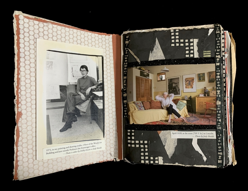 Open scrapbook featuring a 1972 black and white photo of a woman in an art studio and a 2018 colored photo of a woman in a living room.