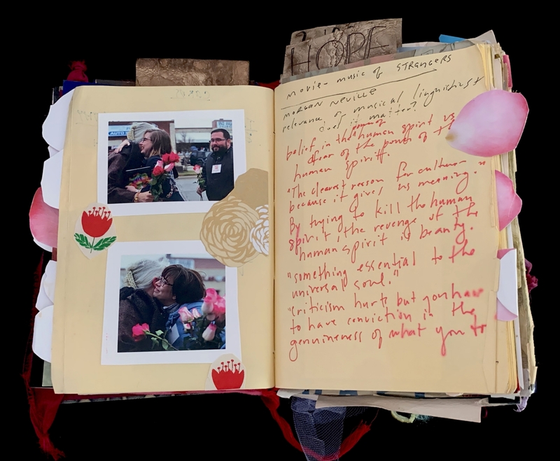 A scrapbook page featuring photographs, handwritten notes, and decorative elements.