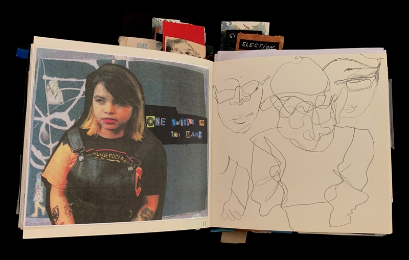 Open book with a photograph of a person next to an abstract line drawing of faces.