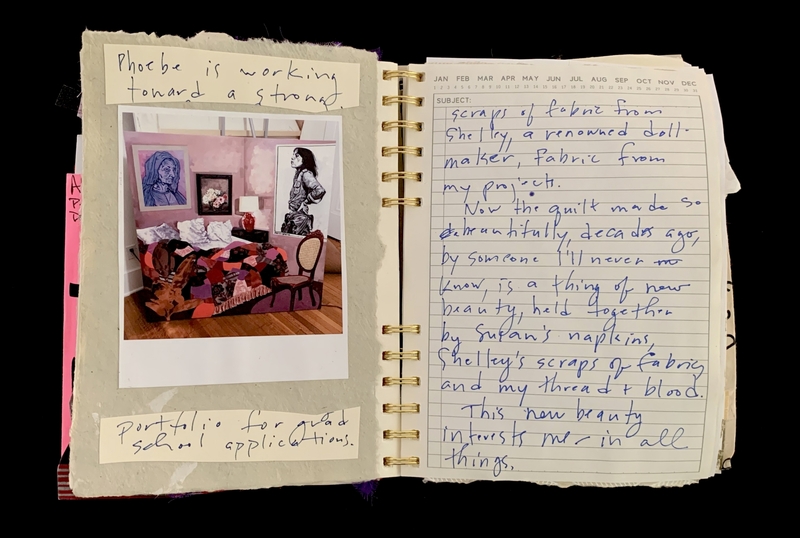 A scrapbook page featuring a photograph of a room with artwork and handwritten notes about a quilt project.