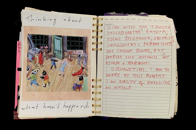A journal page featuring a whimsical illustration and handwritten reflections on themes of collaboration, resistance, and self-reflection.
