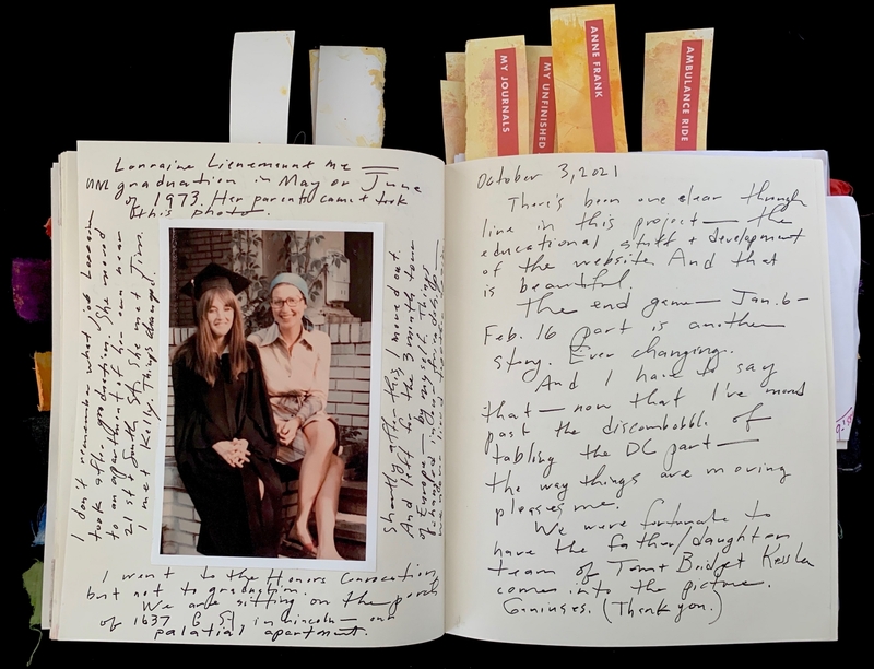 Open journal with a photograph and handwritten text on both pages.
