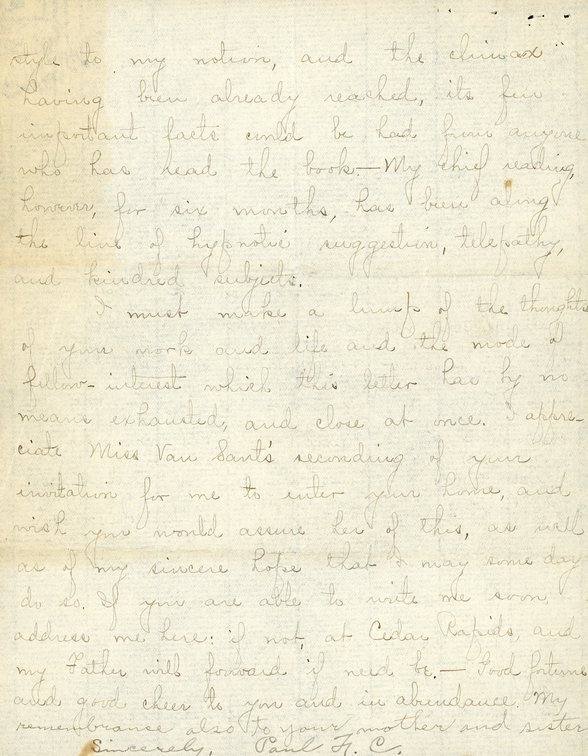 Handwritten letter, 6 pages, from Paul F.C. to Frank H. Shoemaker, "I regret that these seven weeks have elapsed with not my finding favorable opportunity to write you I fear you have thought it a little..."