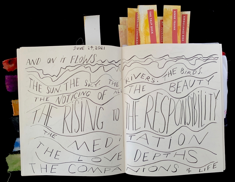 Open journal featuring flowing handwritten text and wavy lines, dated June 24, 2021.