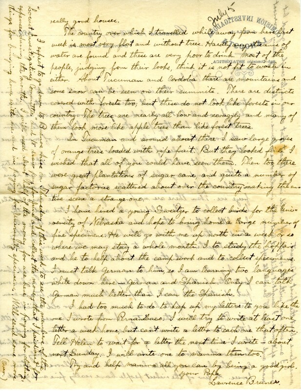 Handwritten 2 page letter from Lawrence Bruner to Psyche, "As this is your birthday I will write to you..."