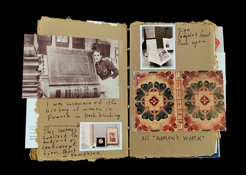 A scrapbook page with photos of bookbinding, a woman with books, and exhibit displays, alongside handwritten notes.
