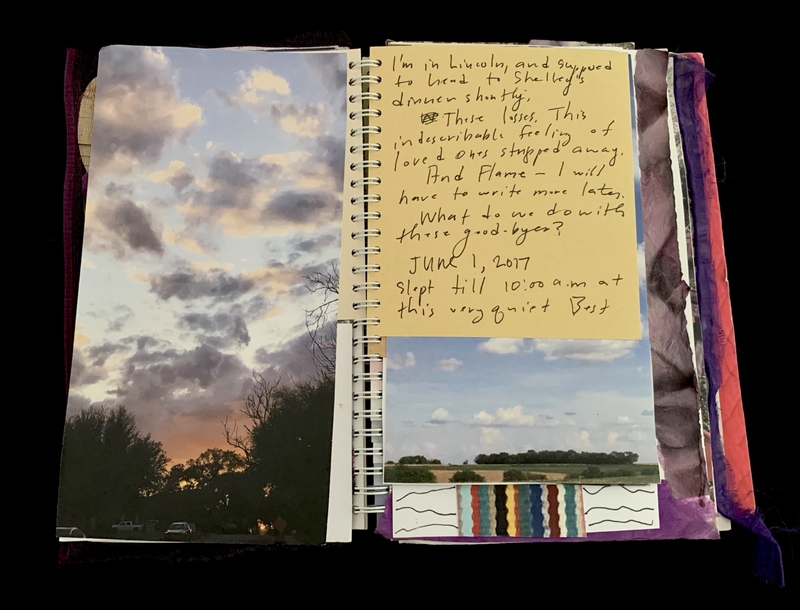 A journal page featuring a photograph of a cloudy sky and a handwritten note expressing feelings of loss and contemplation.