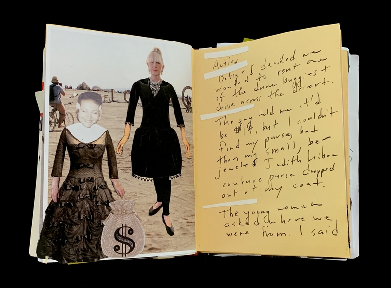 A scrapbook page featuring a photograph of two women in a desert setting, accompanied by handwritten notes.