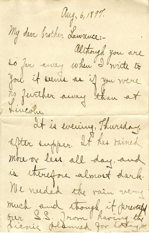 Handwritten 8 page letter from Amy Bruner to Lawrence Bruner, "Although you are so far away when I write…"
